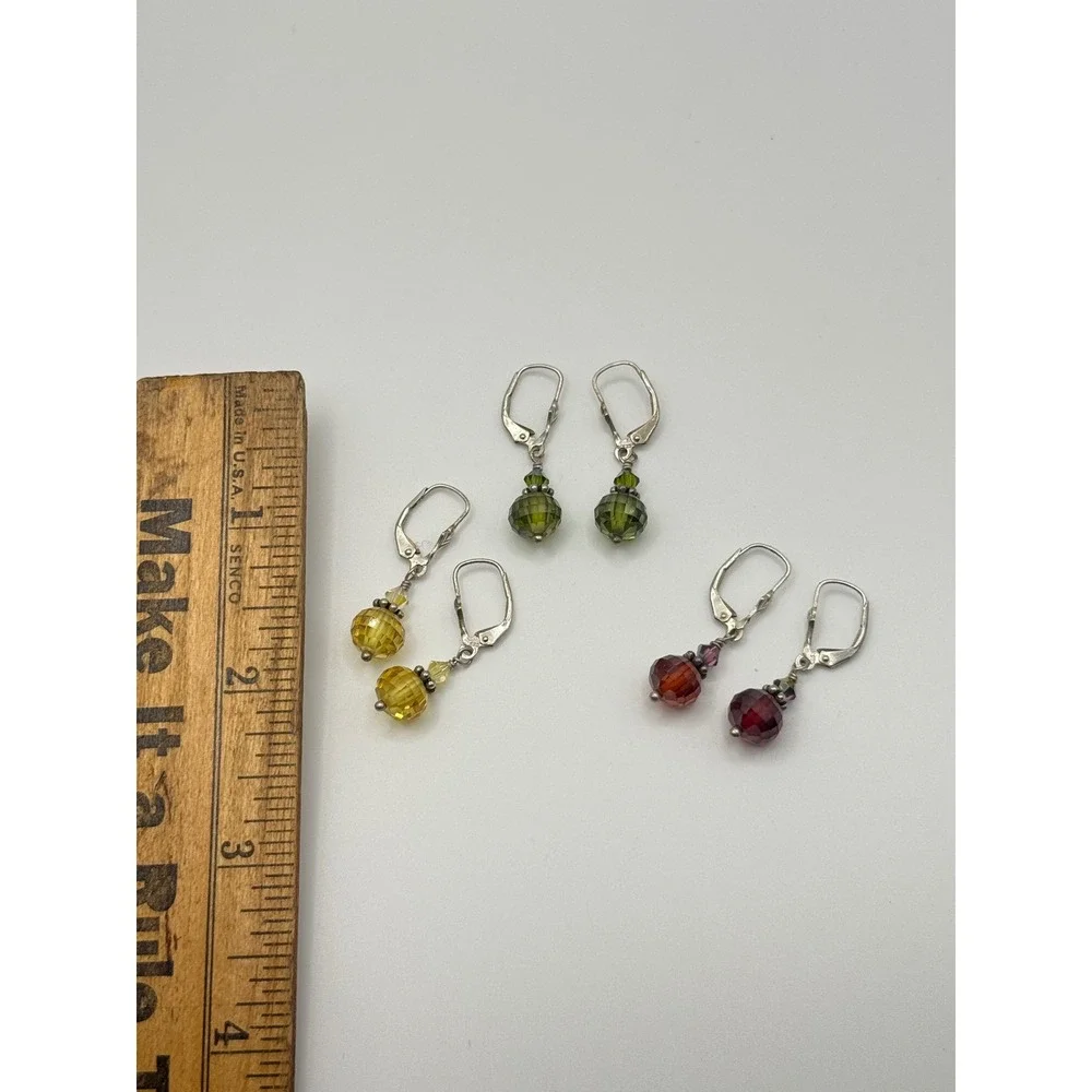 Set of 3 Sterling Silver 925 Faceted Crystal Leverback Earrings Yellow Green Red